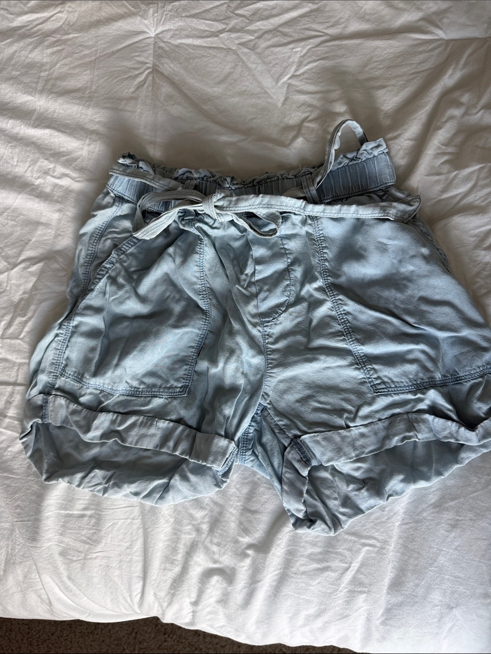 Aerie Blue Denim Shorts Elastic Stretchy Waist Tie Front XS/0